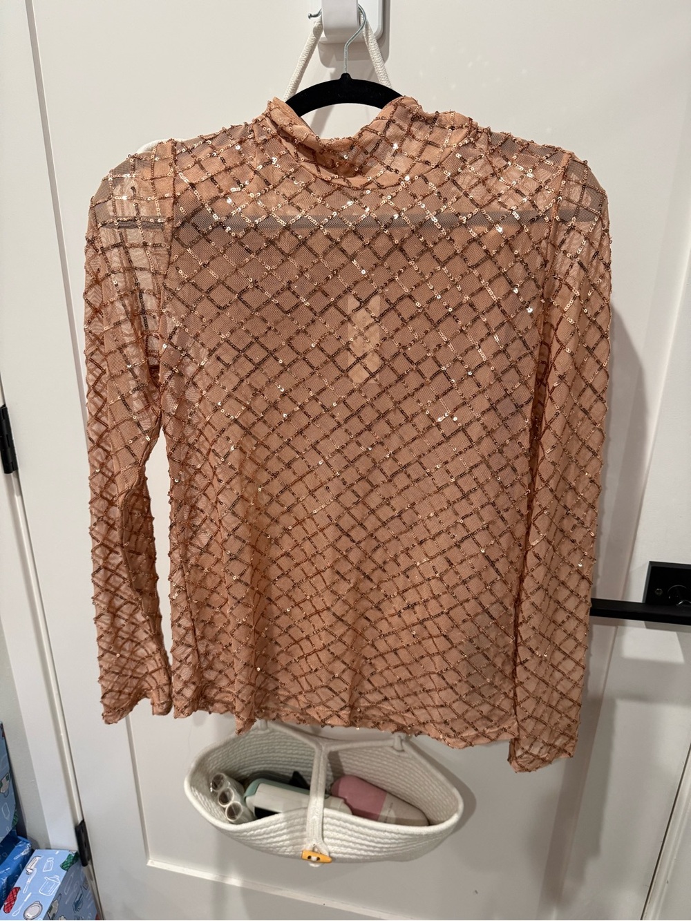 Pilcro Sheer Sequin Lattice Long-Sleeve Top - Blush Peach